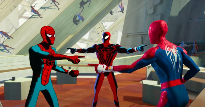 Three Spider-Men point at each other in Spider-Man: Across the Spider-Verse.