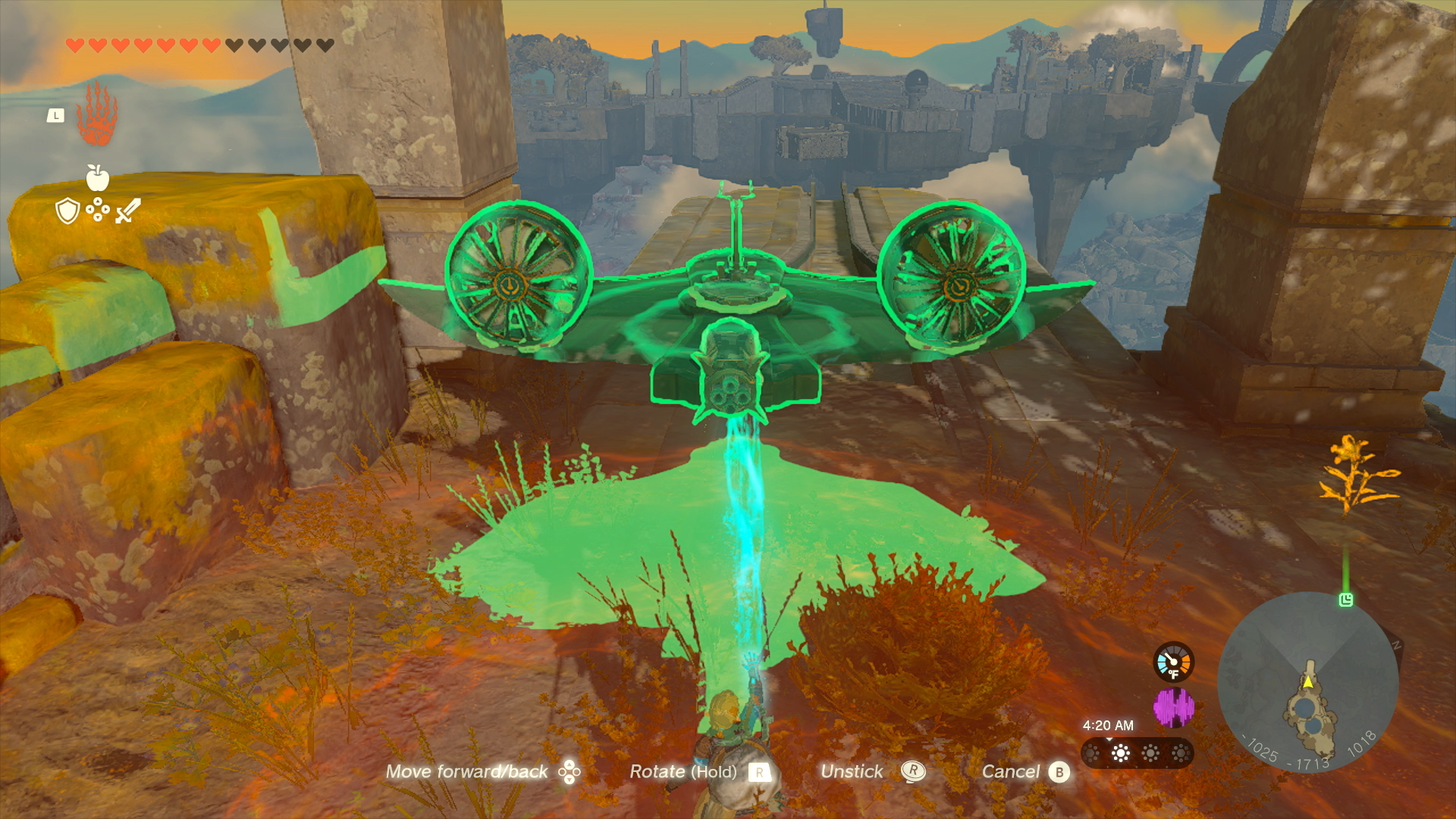 Link cria uma aeronave em The Legend of Zelda: Tears of the Kingdom.