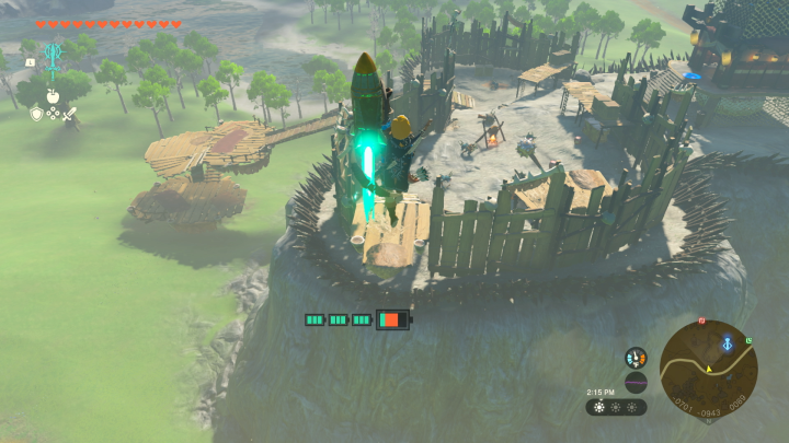 Link vole dans les airs avec une fusée dans The Legend of Zelda : Tears of the Kingdom.
