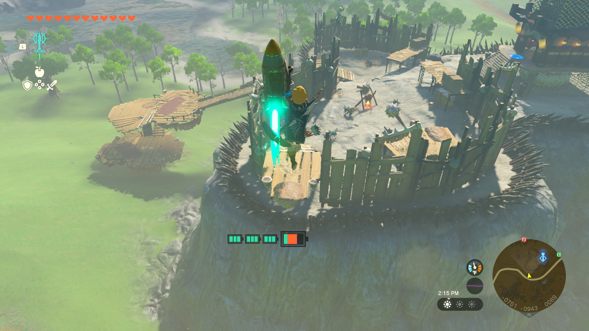 Link voa no ar com um foguete em The Legend of Zelda: Tears of the Kingdom.