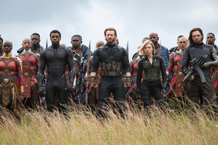 T'Challa, Captain America, and Black Widow stand in front of the Wakandan army in Avengers: Infinity War.