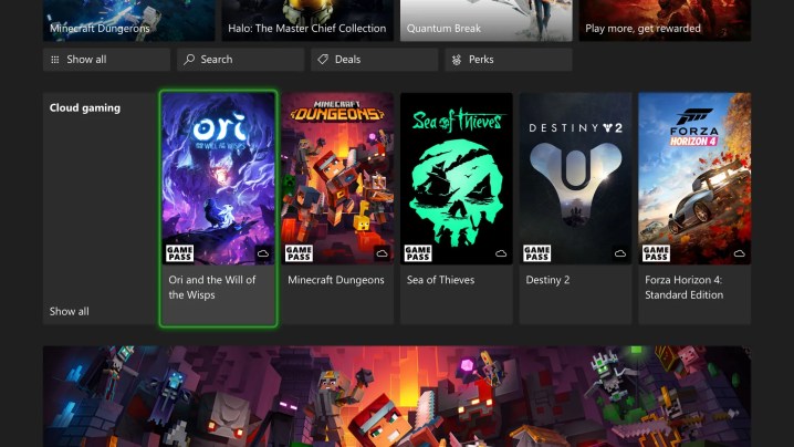 Xbox Cloud Gaming's submenu in Xbox Game Pass.