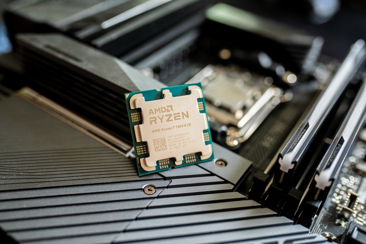 AMD Ryzen 7 7800X3D sitting on a motherboard.