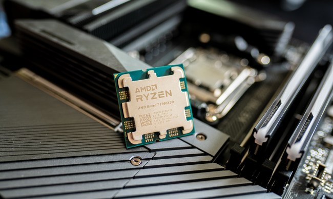 AMD Ryzen 7 7800X3D sitting on a motherboard.