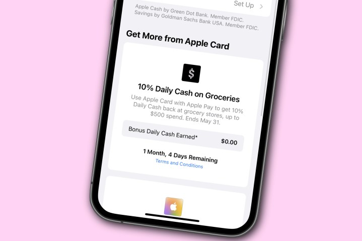 صفحه نقدی روزانه برای Apple Card تبلیغاتی 10% پس‌پرداخت را در خریدهای مواد غذایی نشان می‌دهد.