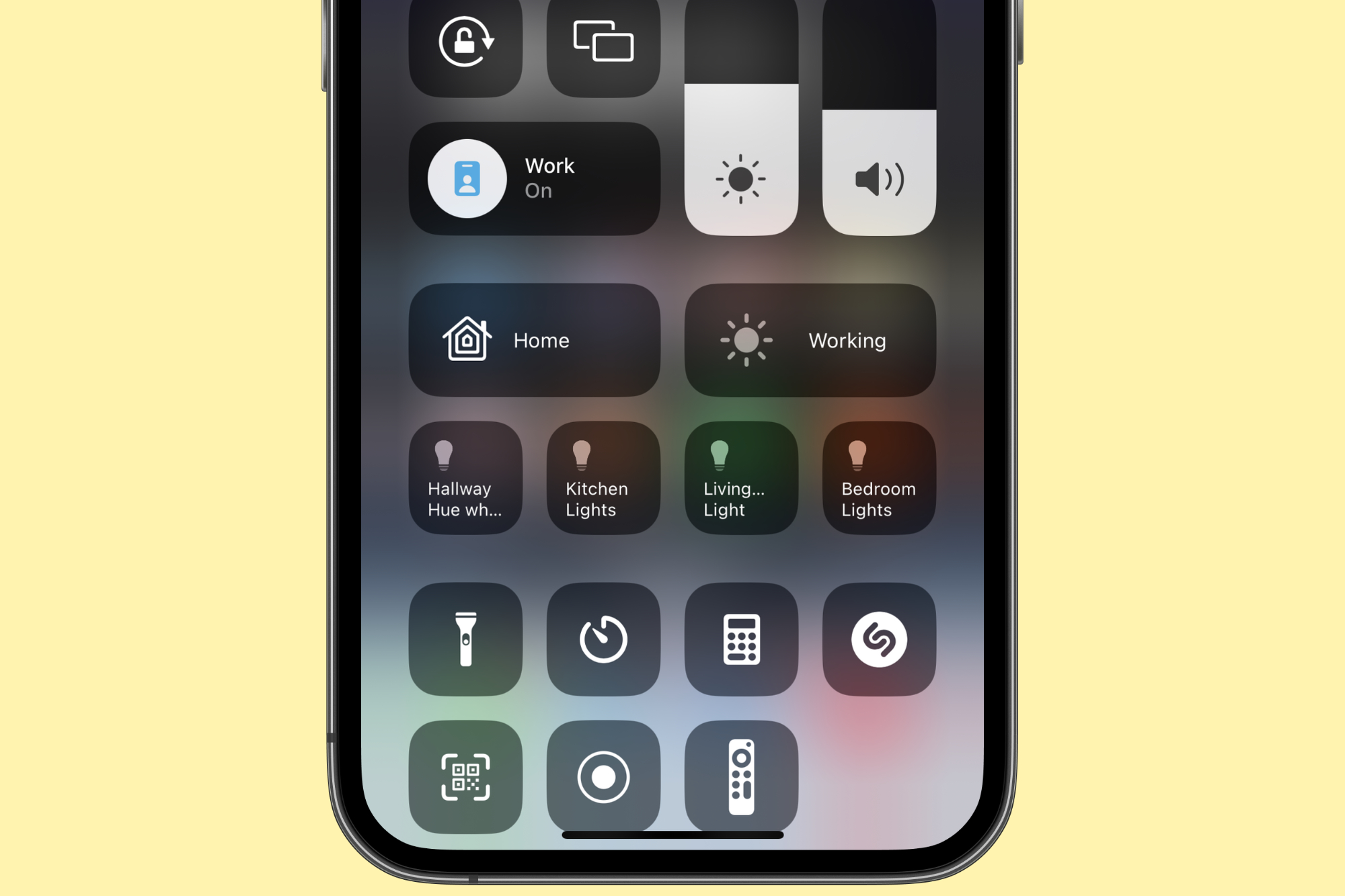 Control Center on an iPhone, showing smart home controls from Apple Home.