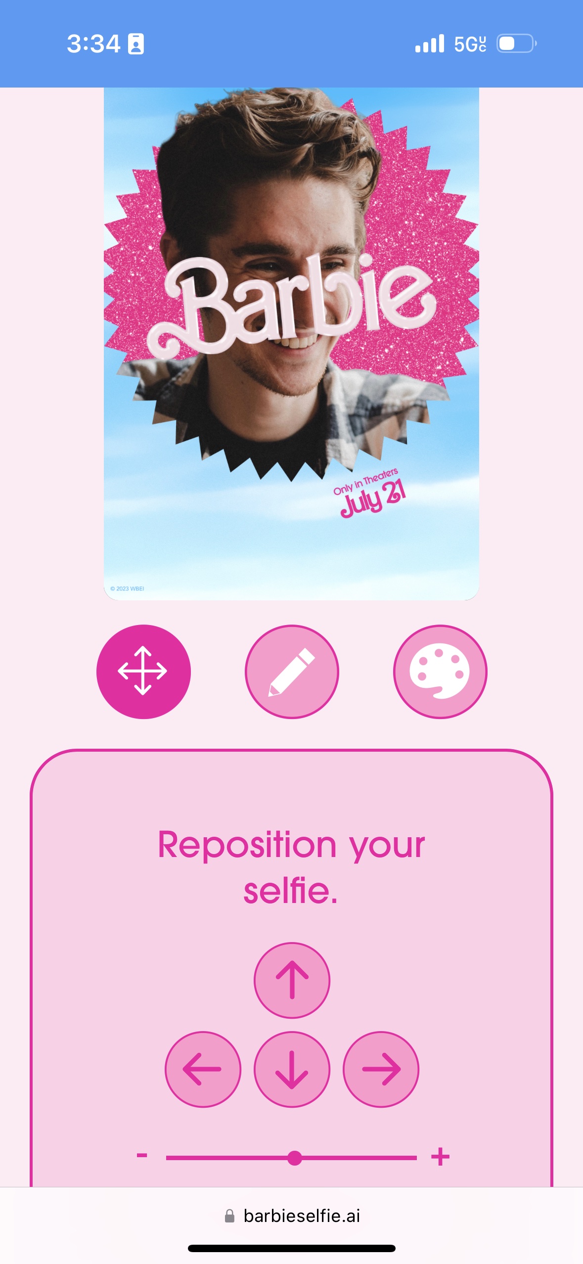 Captura de tela do site da Barbie Selfie Generator.