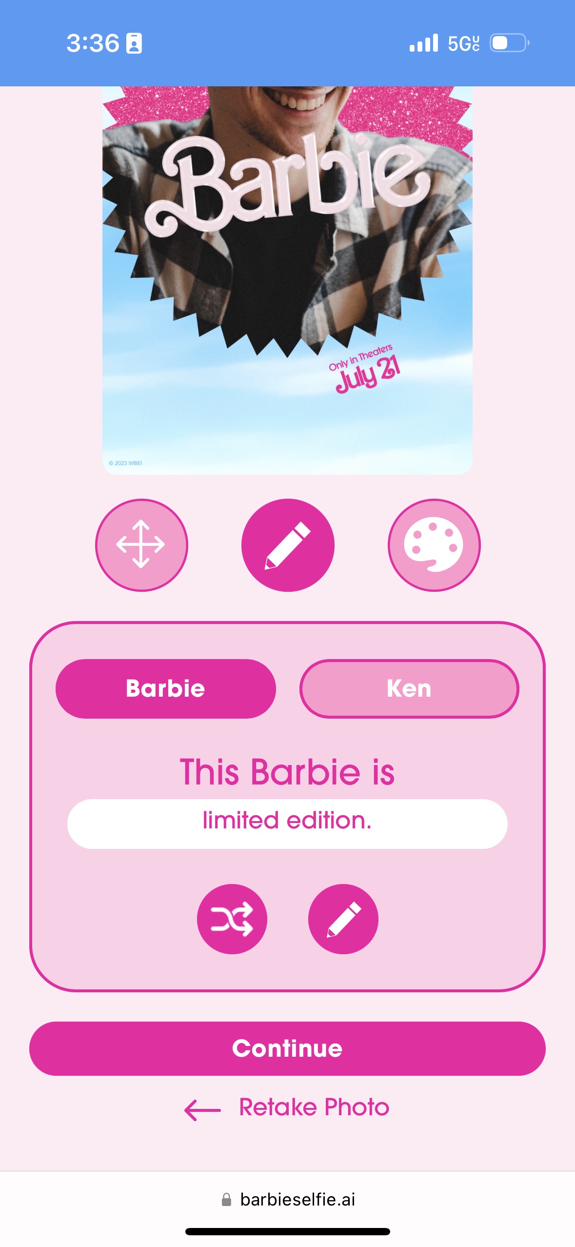 Captura de tela do site da Barbie Selfie Generator.