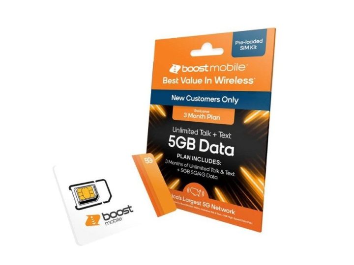 Package and card showing off Boost Mobile's 5GB of 5G prepaid data plan.
