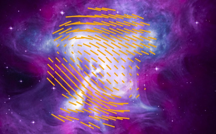 El púlsar del cangrejo. Las líneas naranjas resaltan la forma del campo magnético determinado por IXPE. Se superpone a una imagen compuesta hecha con datos del Observatorio de rayos X Chandra.