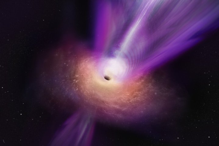 Los científicos que observan el núcleo de radio compacto de M87 han descubierto nuevos detalles sobre el agujero negro supermasivo de la galaxia. En la concepción de este artista, el chorro masivo del agujero negro se ve elevándose desde el centro del agujero negro. Las observaciones en las que se basa esta ilustración representan la primera vez que el chorro y la sombra del agujero negro se han fotografiado juntos, dando a los científicos nuevos conocimientos sobre cómo los agujeros negros pueden lanzar estos poderosos chorros.
