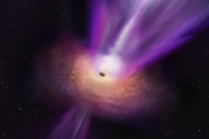 Wissenschaftler, die den kompakten Radiokern von M87 beobachteten, haben neue Details über das supermassereiche Schwarze Loch der Galaxie entdeckt. In der Konzeption dieses Künstlers ist der massive Strahl des Schwarzen Lochs zu sehen, der aus der Mitte des Schwarzen Lochs aufsteigt. Die Beobachtungen, auf denen diese Illustration basiert, stellen das erste Mal dar, dass der Jet und der Schatten des Schwarzen Lochs zusammen abgebildet wurden, was den Wissenschaftlern neue Einblicke gibt, wie Schwarze Löcher diese mächtigen Jets starten können.