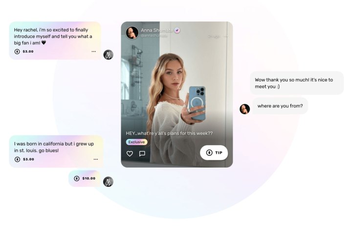 تصویری از پست Fanfix که زنی را در حال گرفتن سلفی آینه ای با پیام های مستقیم مختلف در اطراف او نشان می دهد.