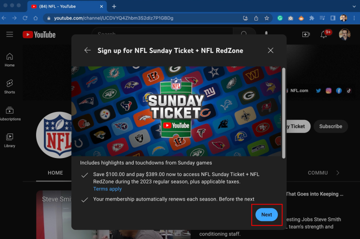 Melden Sie sich für das NFL Sunday Ticket auf YouTube an.