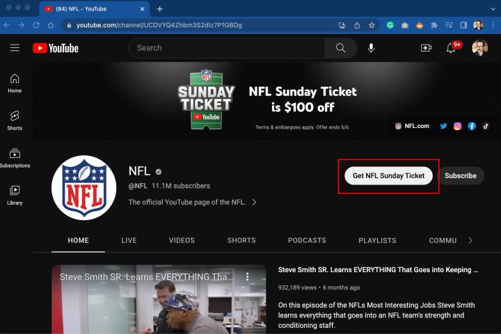 Site do YouTube para NFL Sunday Ticket com o botão "Get NFL Sunday Ticket". 