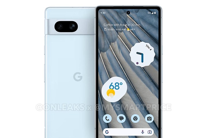 A leaked render of the Google Pixel 7a in a blue color.