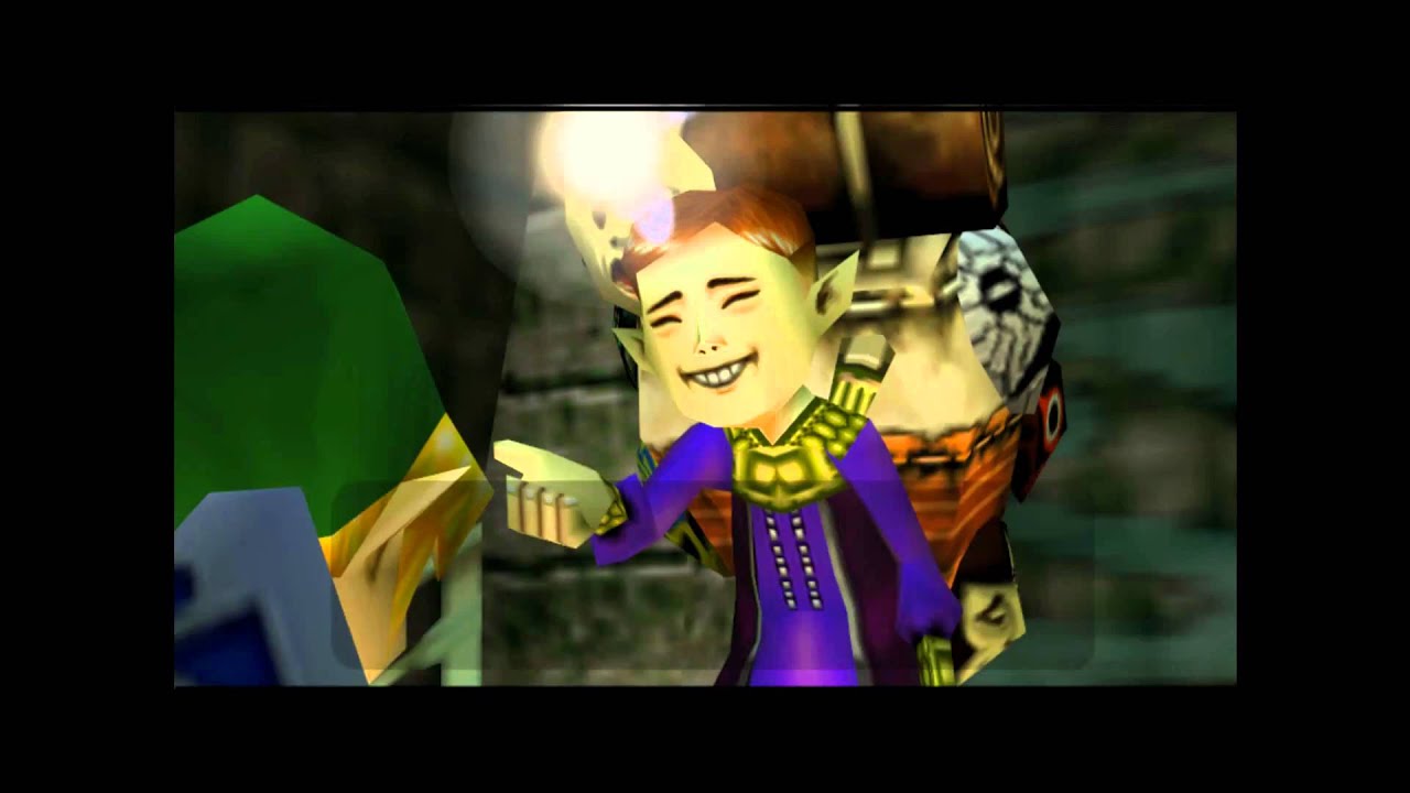 O feliz vendedor de máscaras estendendo a mão para Link.