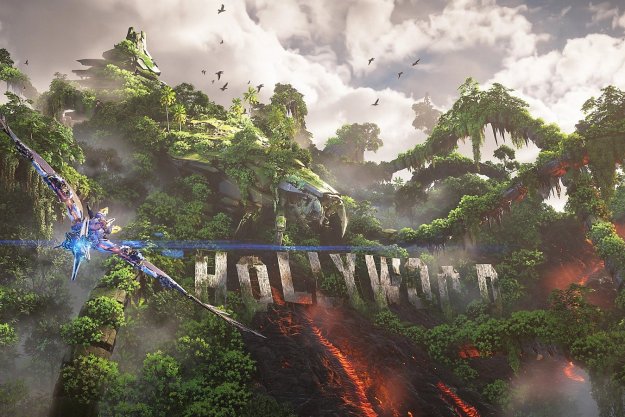 Aloy flies past the Hollywood sign in Horizon Forbidden West: Burning Shores.