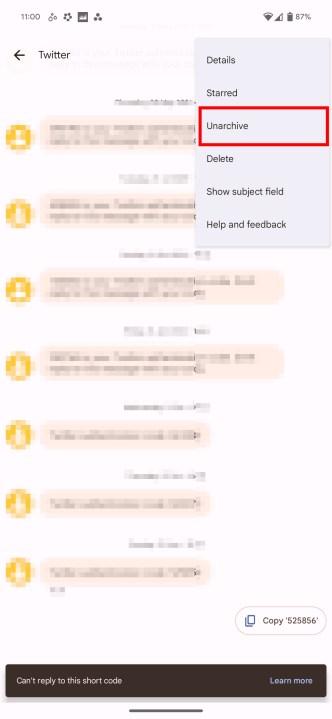 Unarchving a message in Google Messages.