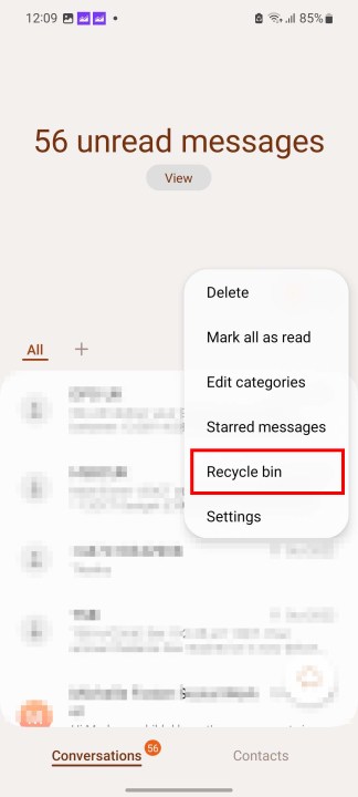 پیدا کردن سطل زباله در پیام های سامسونگ.