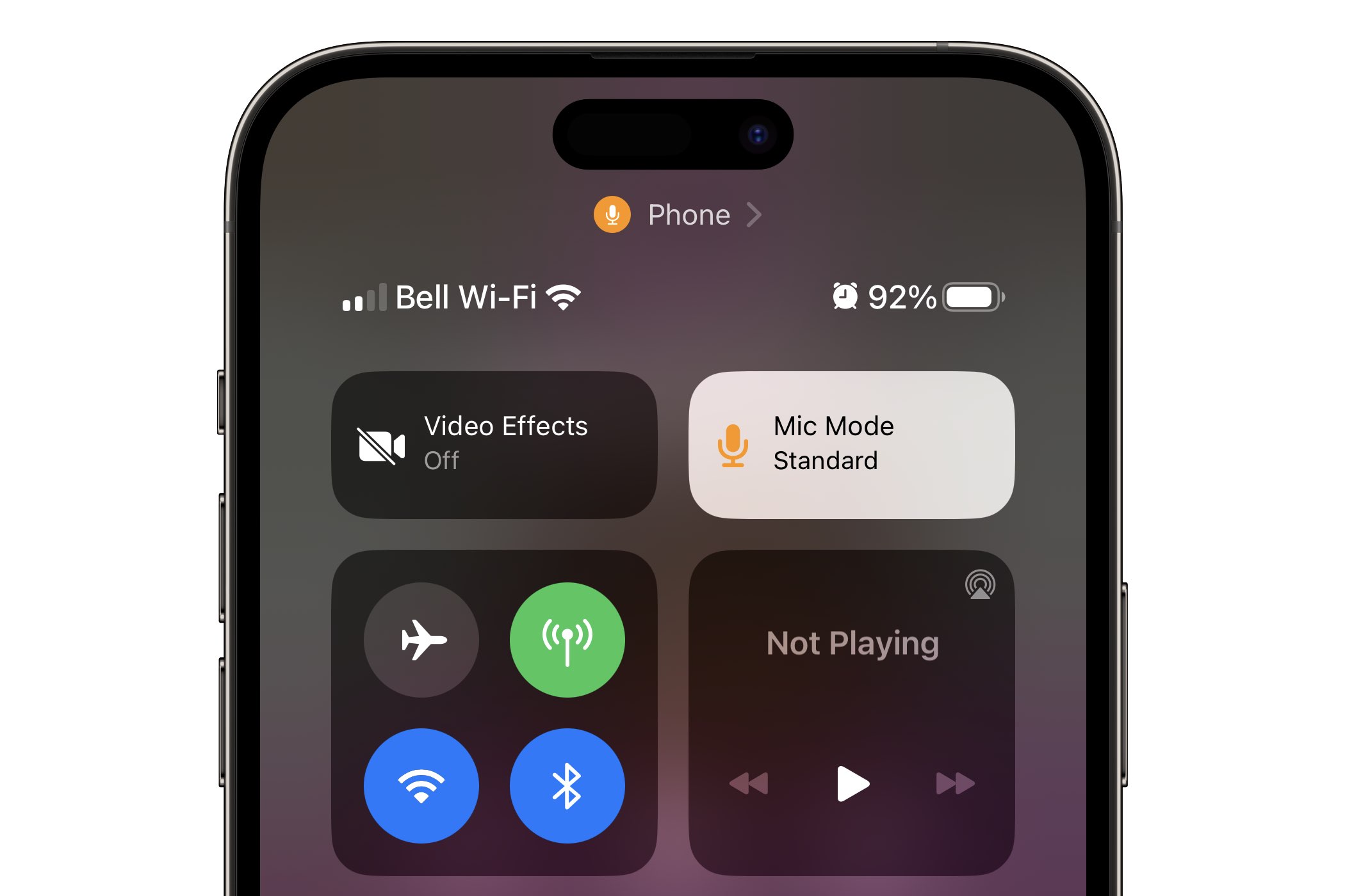 iOS 16.4 Control Center on iPhone showing Standard Mic Mode.