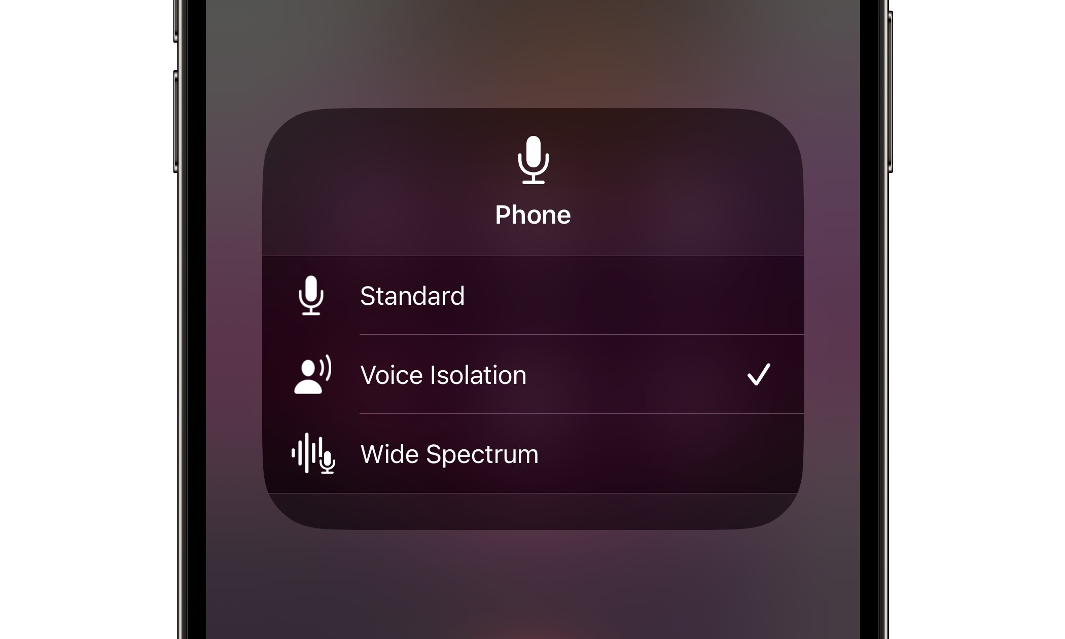iOS 16.4 Control Center on iPhone showing Mic Mode options.