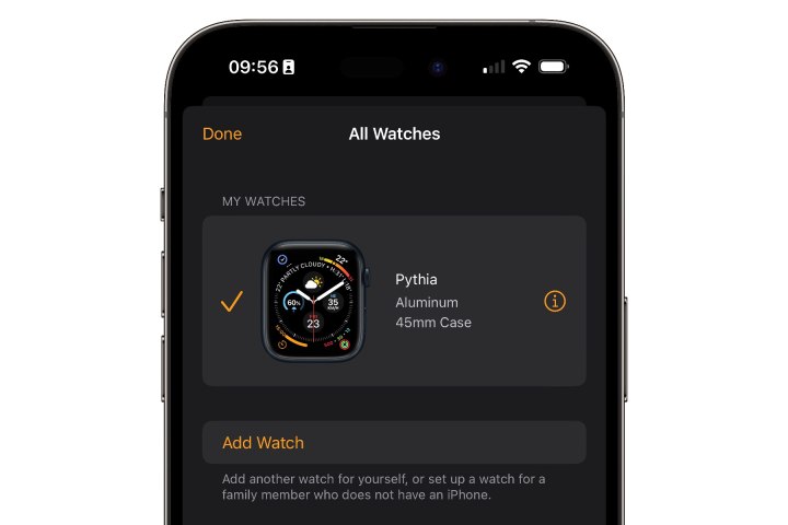 iPhone showing All Watches view in Watch app.