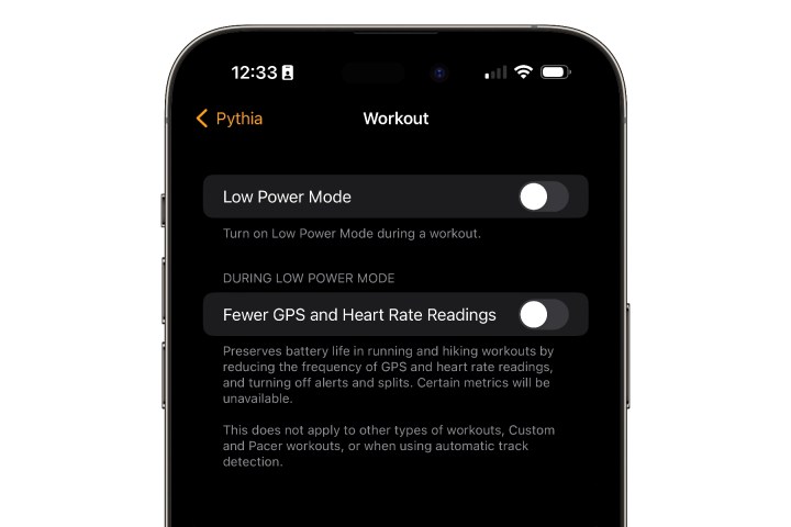 iPhone showing Workout Low Power settings in Watch app.