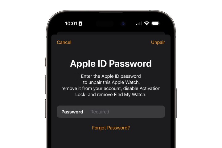 iPhone showing prompt to enter Apple ID Password when unpairing Apple Watch.