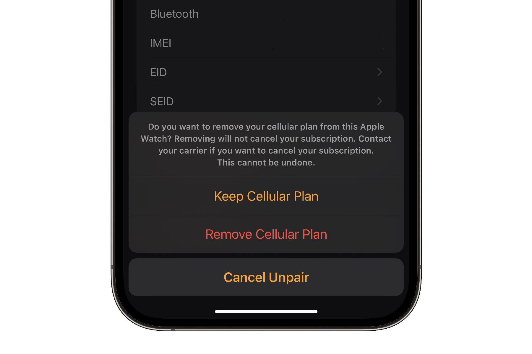 iPhone showing option to Keep or Remove Cellular plan when unpairing Apple Watch.