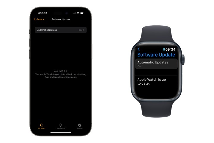 Checking for watchOS updates on an Apple Watch and iPhone.