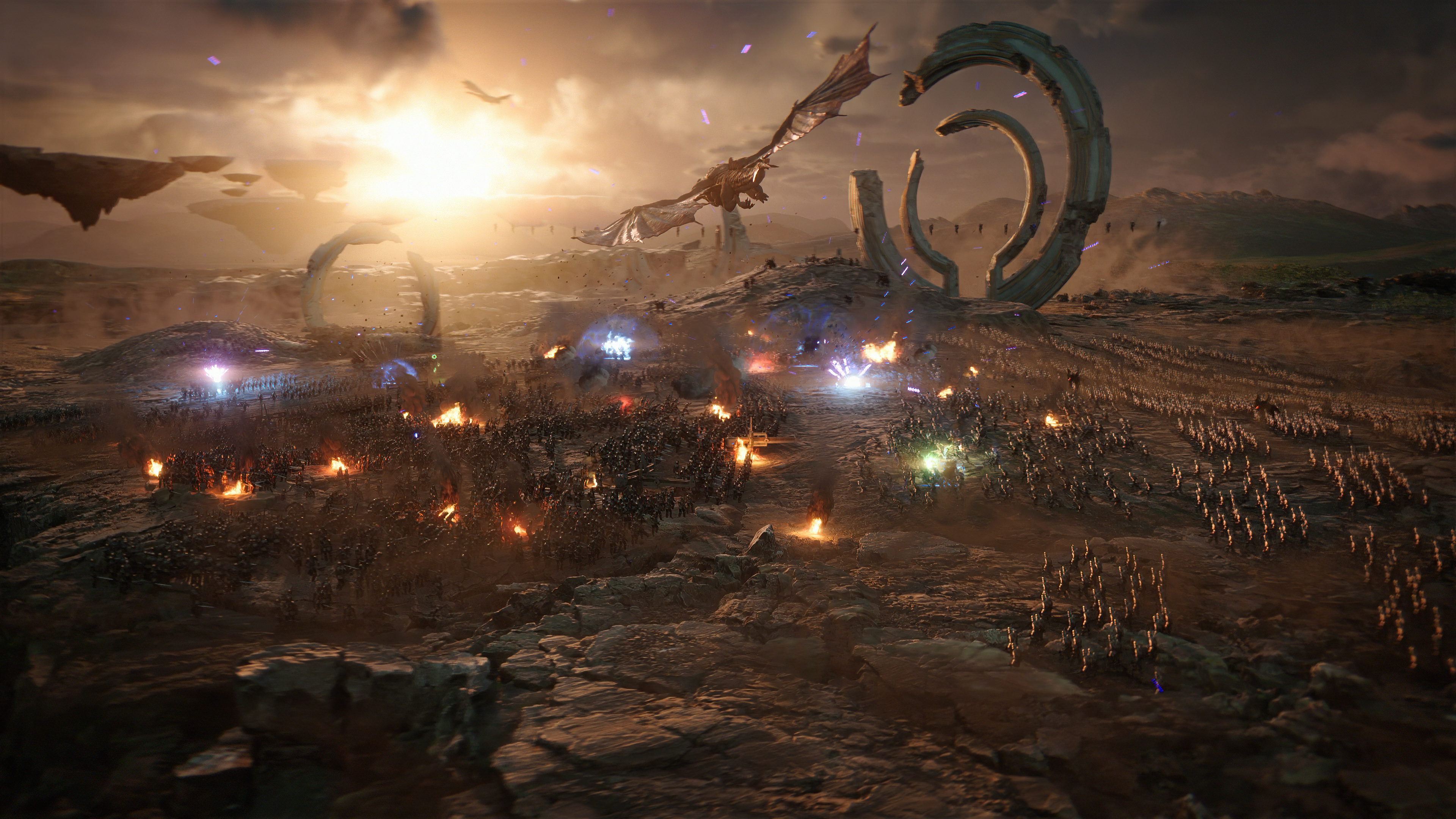 Um campo de batalha está repleto de dragões e magia em Immortals of Aveum.