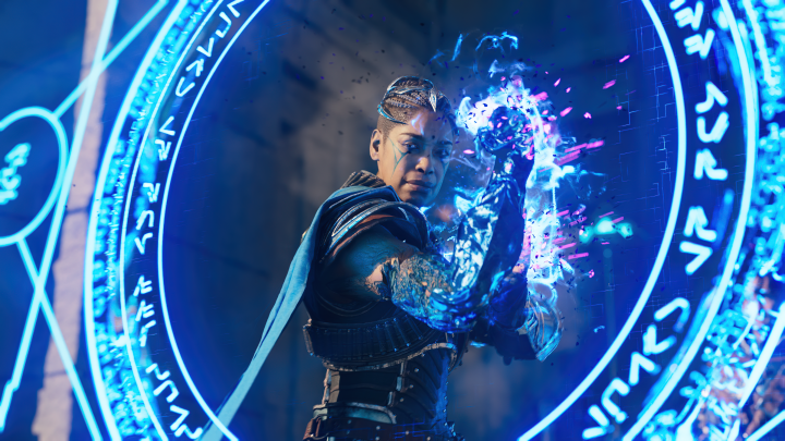 A character wields blue magic in Immortals of Aveum.