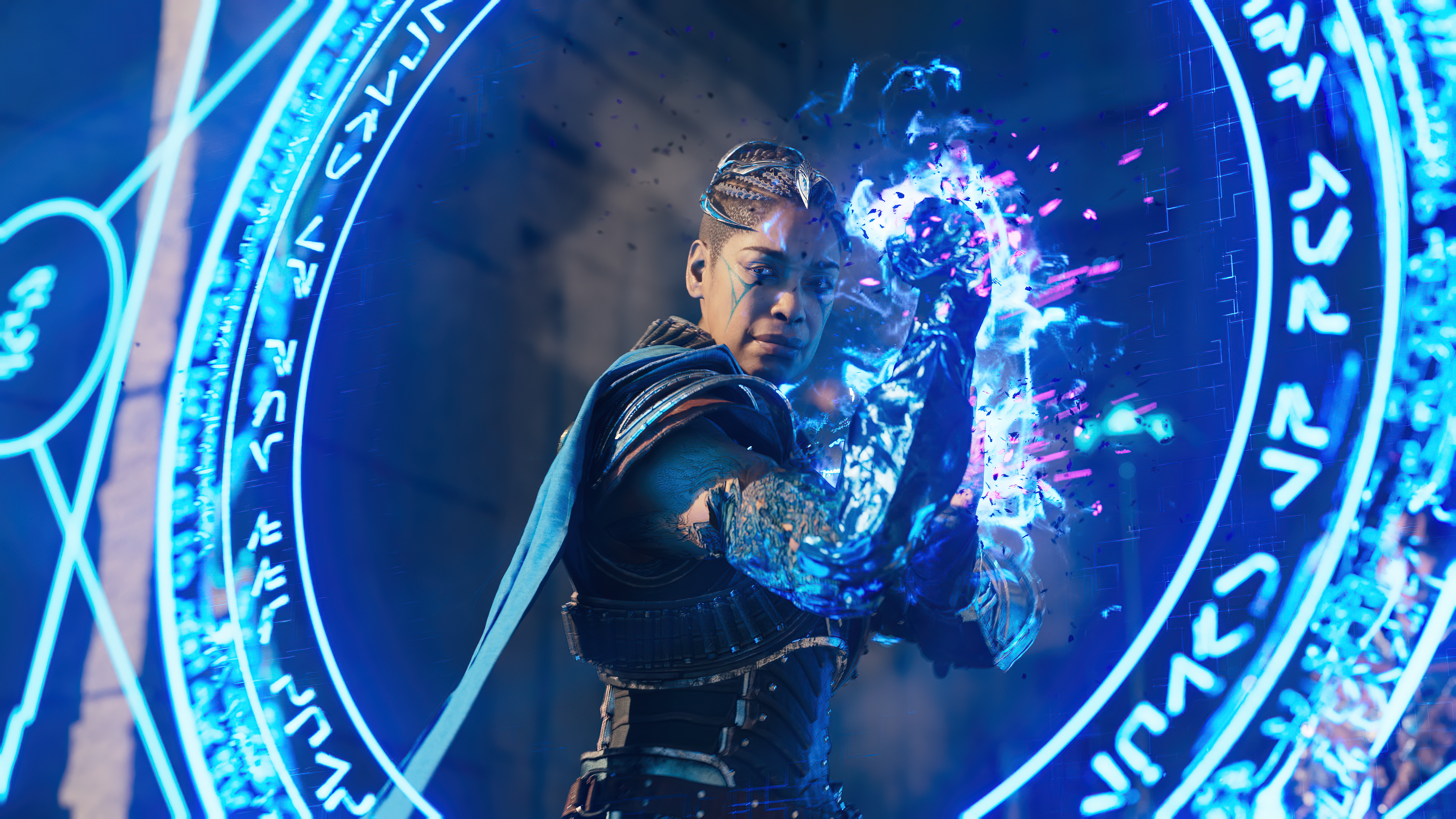 Um personagem usa magia azul em Immortals of Aveum.