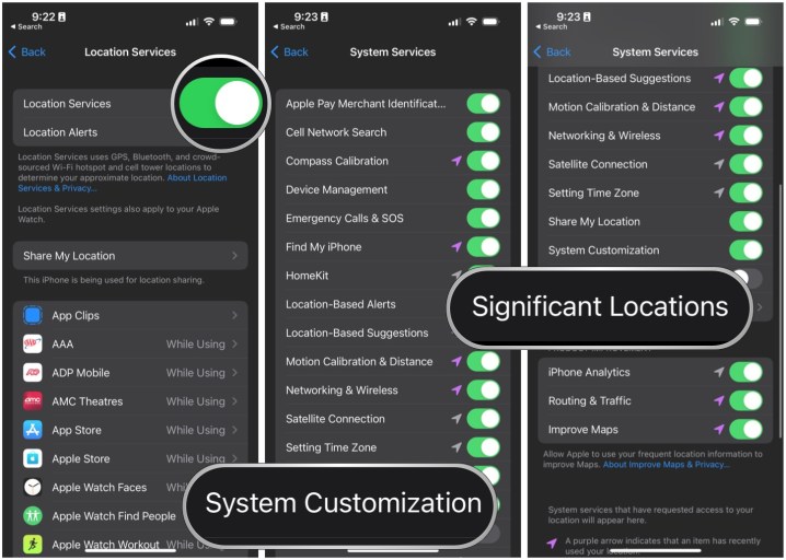 Configurações do iOS 16 mostrando serviços de localização, personalização do sistema e configurações de localização significativas para carregamento de energia limpa