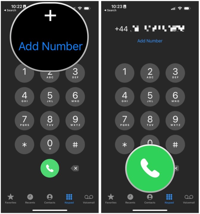 Passez un appel international sur l'iPhone en montrant que vous appuyez et maintenez la touche 0 jusqu'à ce que le + s'affiche, puis composez le numéro international avec le code du pays