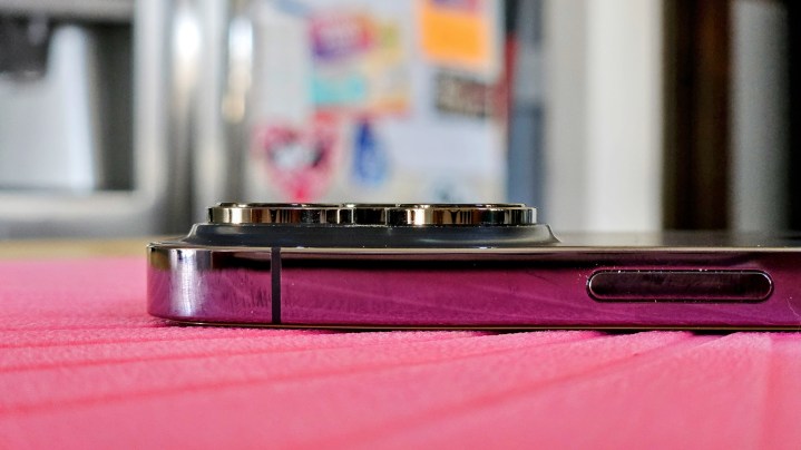 A closeup of the iPhone 14 Pro camera bump from the side