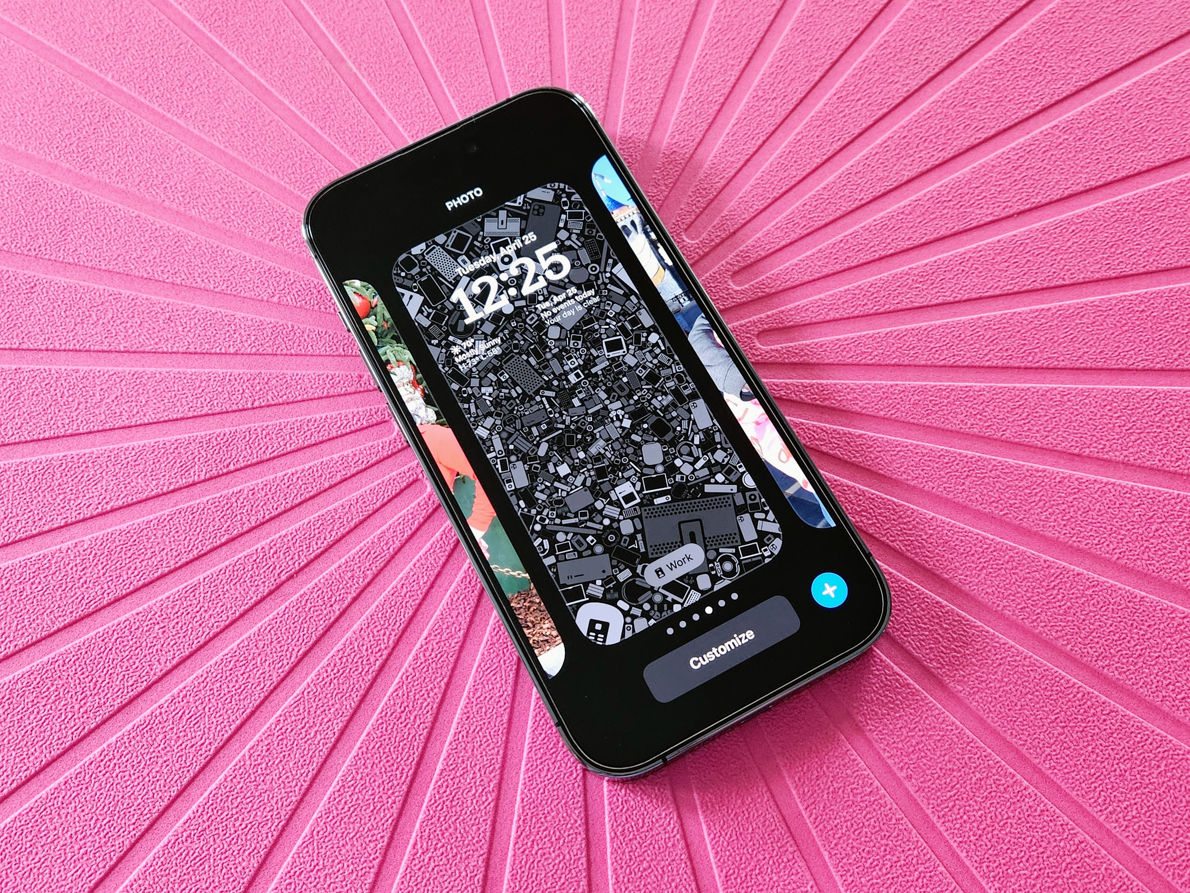 iPhone 14 Pro mostrando tela de bloqueio e link de foco