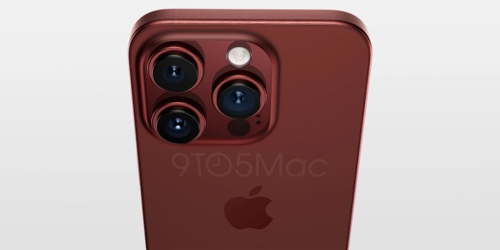 iPhone 15 Pro render in dark red color.