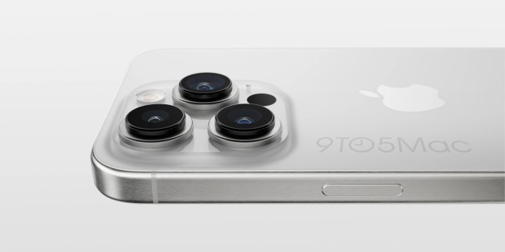 iPhone 15 Pro render in white showing camera bump