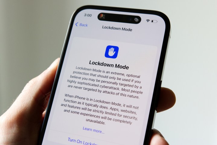 Lockdown Mode information page on an iPhone 14 Pro.