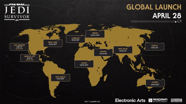 Global kart som fremhever utgivelsestider for Star Wars Jedi: Fallen Order