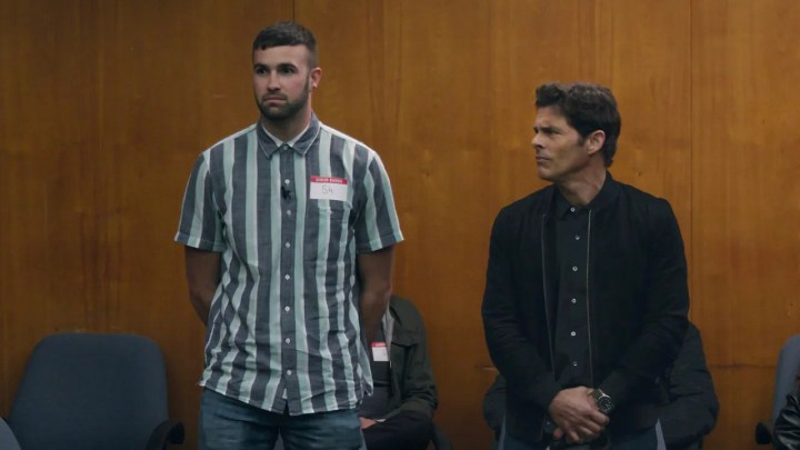Ronald Gladden and James Marsden standing beside each other in court on the series Jury Duty.