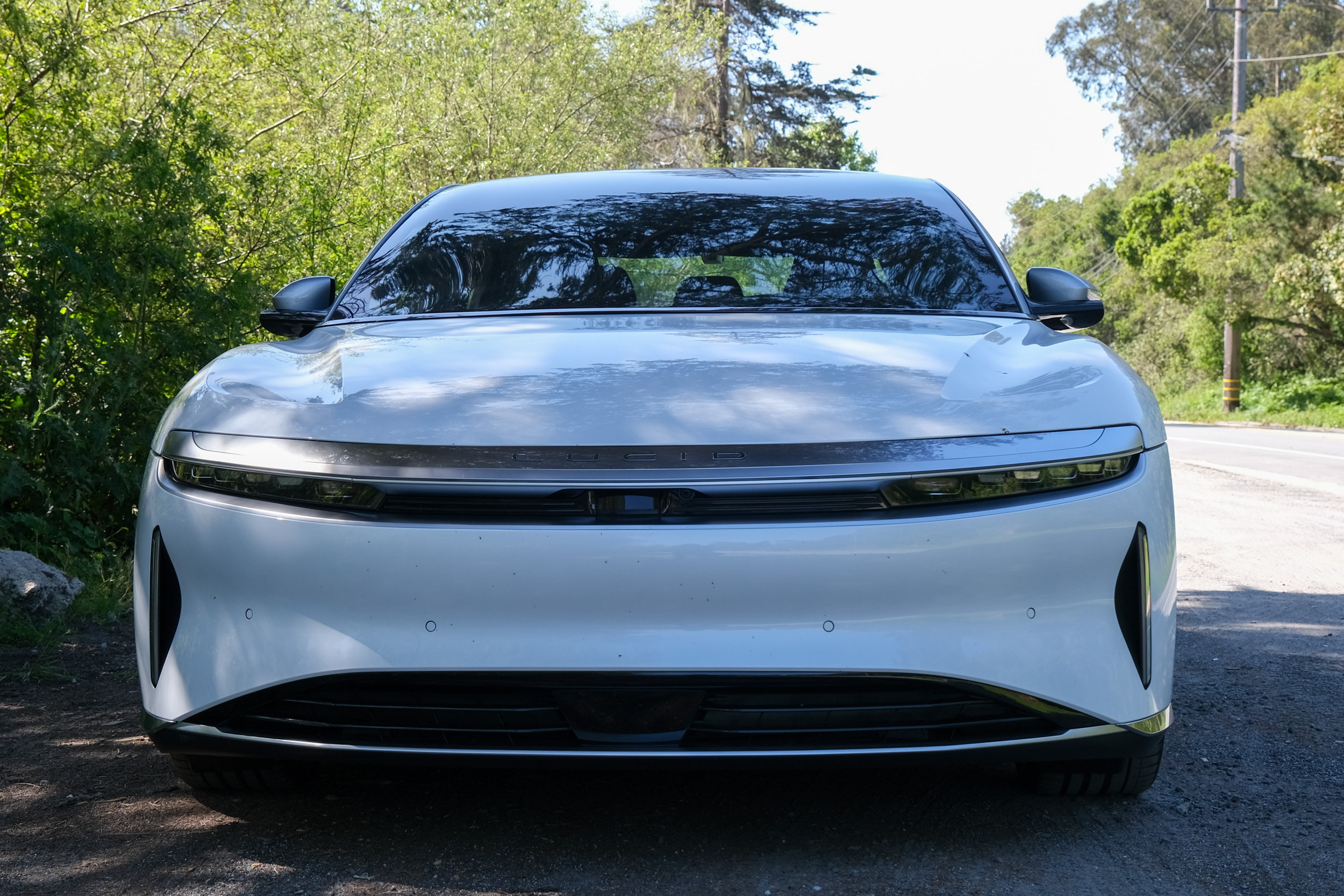 A view of the front of a Lucid Air Grand Touring. 