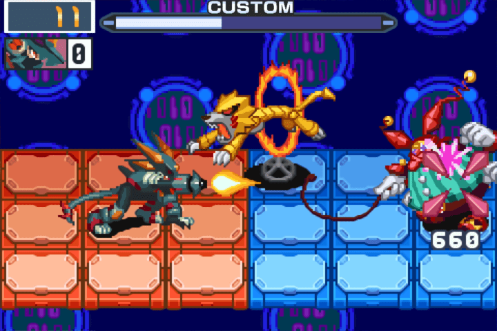 Characters fight on a grid in Mega Man Battle Network Legacy Collection.