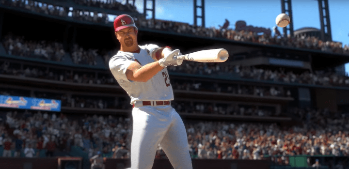 Марк МакГвайр бьет по бейсбольному мячу битой в MLB The Show 23.