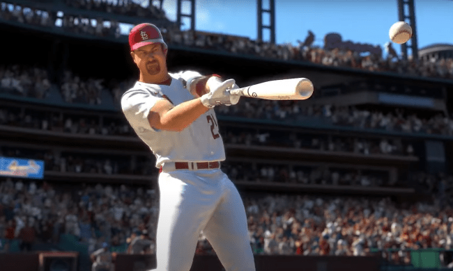 Mark McGwire hits a baseball with a bat in MLB The Show 23.