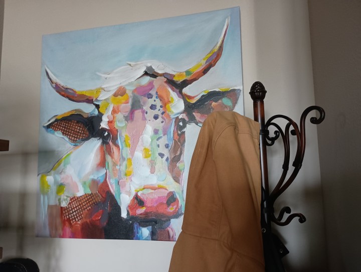 Moto G Power 5G के रियर कैमरे का उपयोग करके कोट रैक के बगल में एक गाय की पेंटिंग की ली गई तस्वीर।