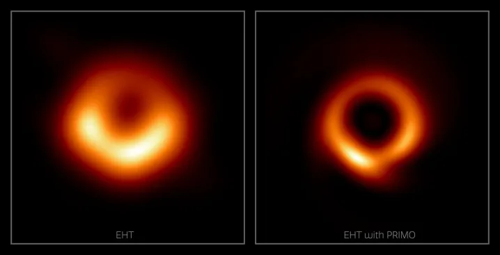 Un equipo de investigadores, incluido un astrónomo de NOIRLab de NSF, ha desarrollado una nueva técnica de aprendizaje automático para mejorar la fidelidad y la nitidez de las imágenes de interferometría de radio. Para demostrar el poder de su nuevo enfoque, que se llama PRIMO, el equipo creó una nueva versión de alta fidelidad de la imagen del icónico Event Horizon Telescope del agujero negro supermasivo en el centro de Messier 87, una galaxia elíptica gigante ubicada a 55 millones de años luz de la Tierra. La imagen del agujero negro supermasivo M87 publicada originalmente por la colaboración EHT en 2019 (izquierda); y una nueva imagen generada por el algoritmo PRIMO utilizando el mismo conjunto de datos (derecha).