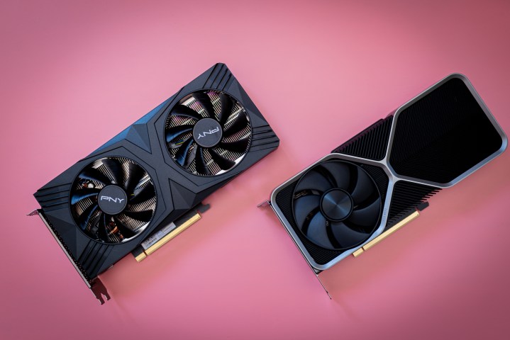 Nvidia's RTX 4070 graphics cards over a pink background.